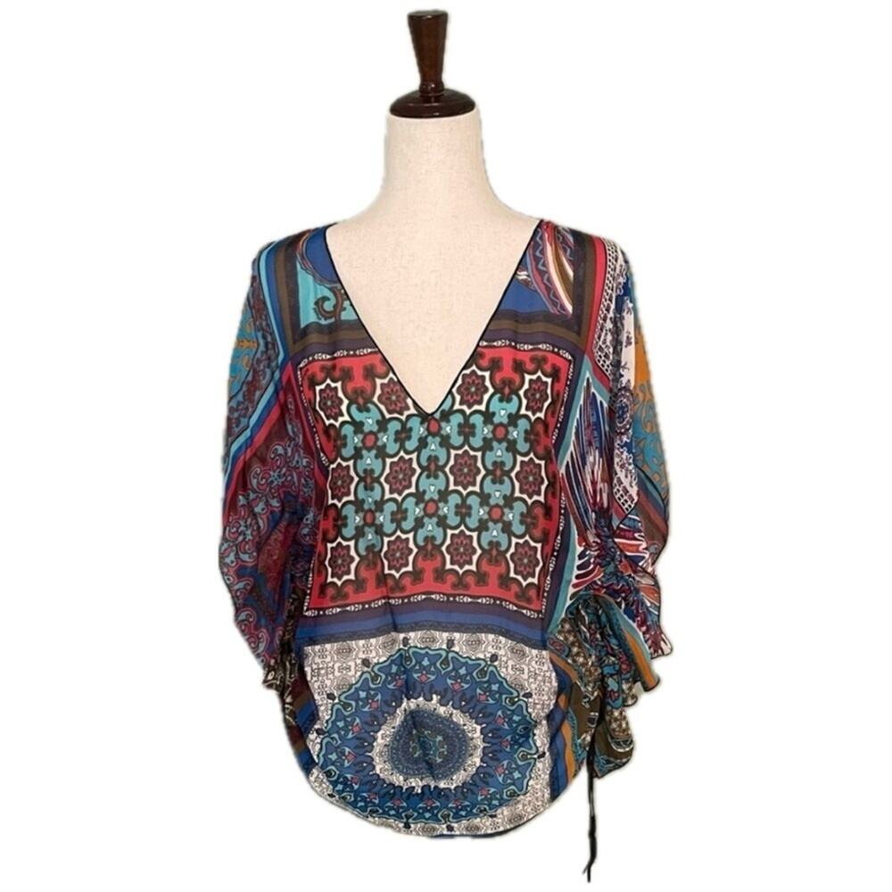 Hale Bob Cabana Sheer Silk Blouse Swim Cover Up Boho Vacation Top Size Small